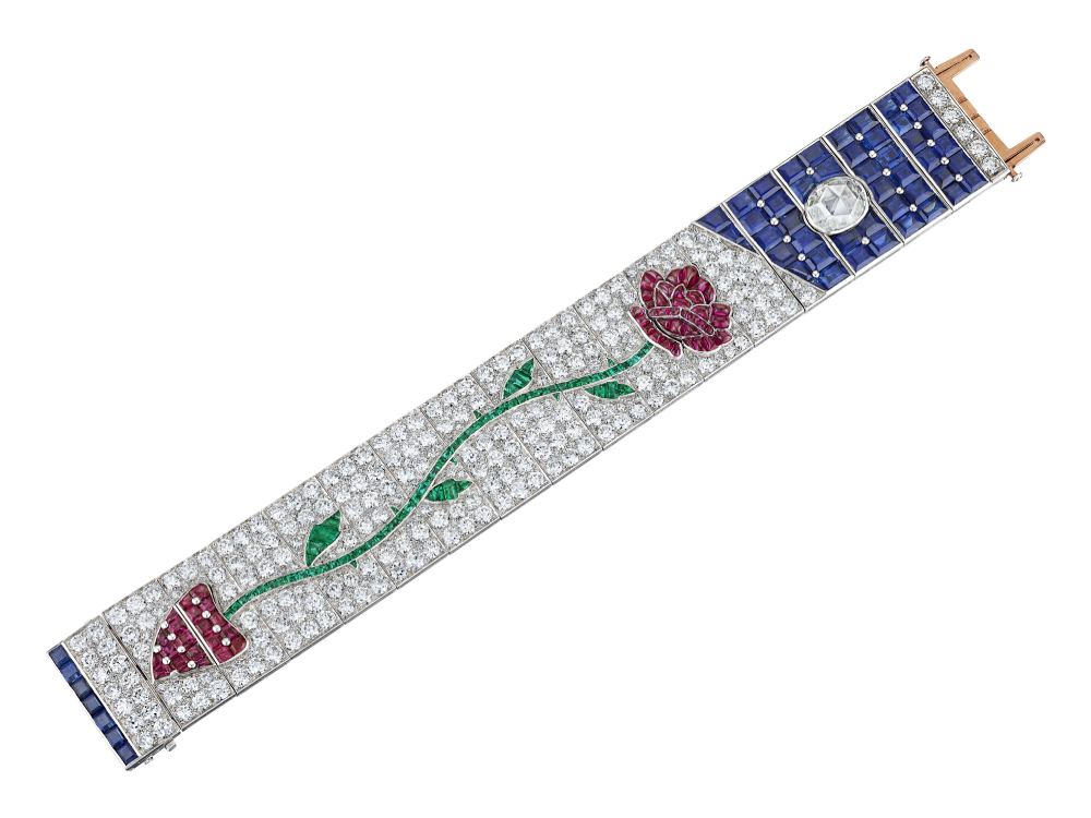 Tiffany & Co. Art Deco diamond and multi-gem 'Moonlight Rose' bracelet. Estimate $500,000-700,000.
