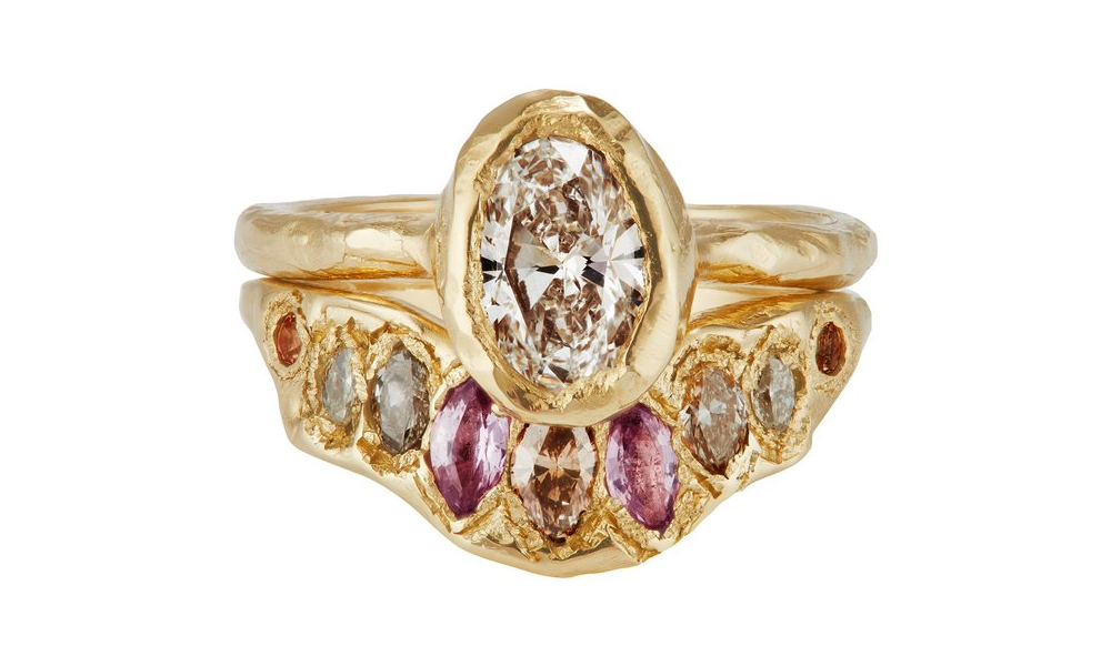 V-shaped Marquise Peach ring paired with Oval lab-diamond ring. By Ellis Mhairi Cameron